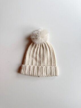 RESTORATION HARDWARE Ivory Wool Cashmere Ribbed Knit Beanie Toque Hat, One Size